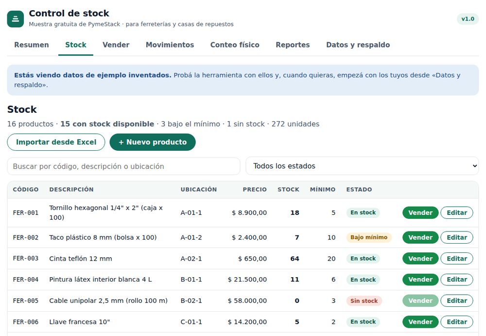 Pantalla de Stock de la herramienta con una lista de productos de ejemplo, sus precios, stock, estado y botones Vender y Editar